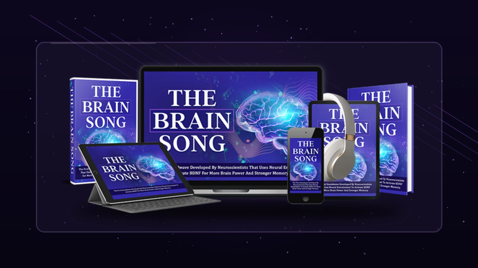 Authorized Brain Song digital product lineup shown across laptop, tablet, phone and headphones