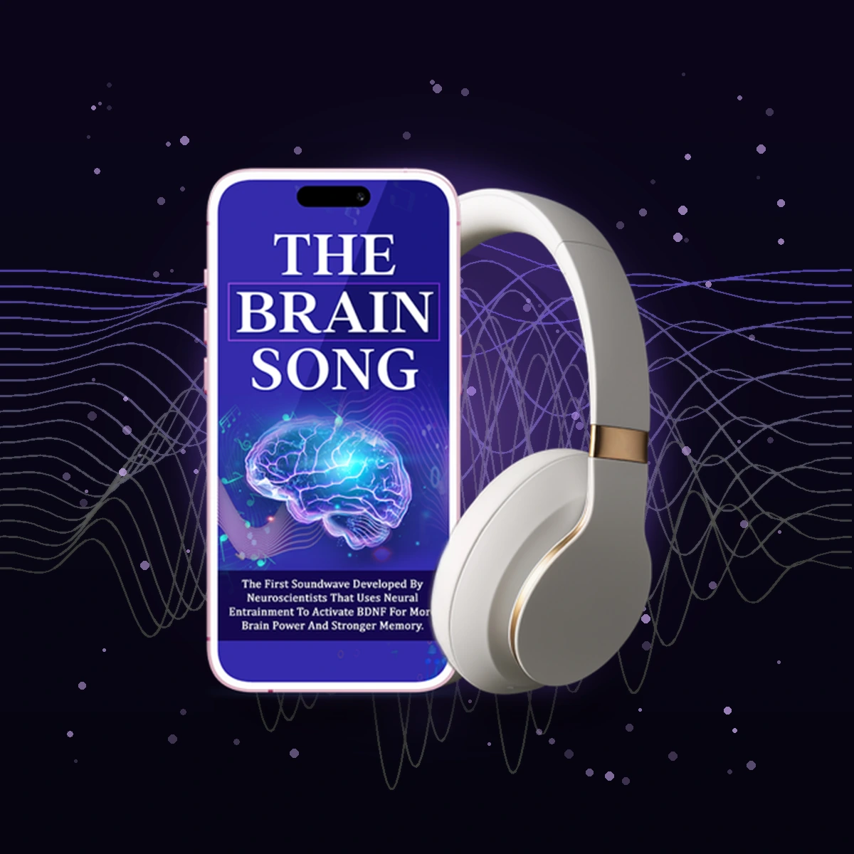 Authorized Brain Song phone and headphones digital product visualization against an amethyst acoustic backdrop