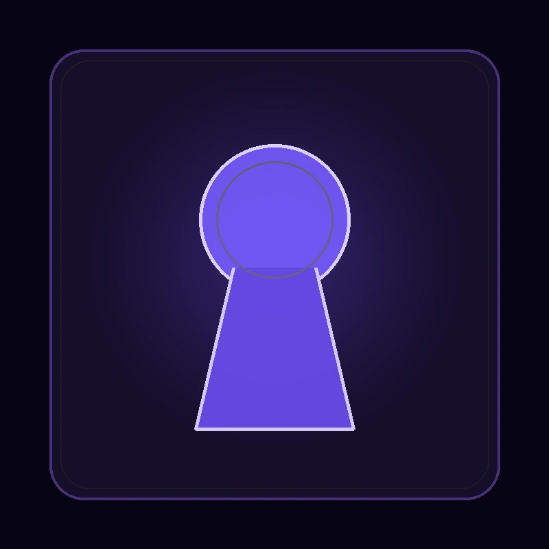 Abstract geometric keyhole icon with glowing purple lighting on dark metallic glass