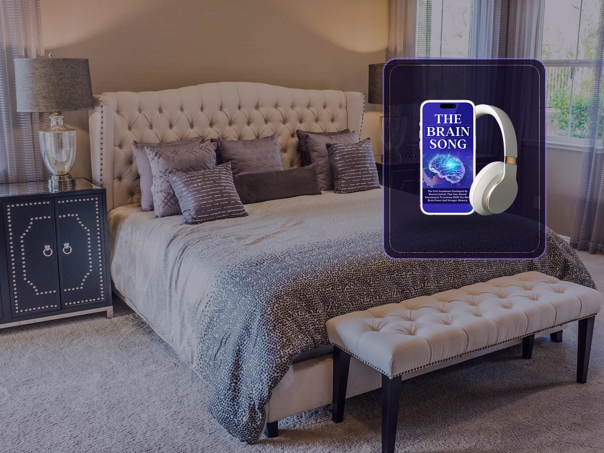 Calm bedroom listening context beside a framed authorized Brain Song phone and headphones visualization